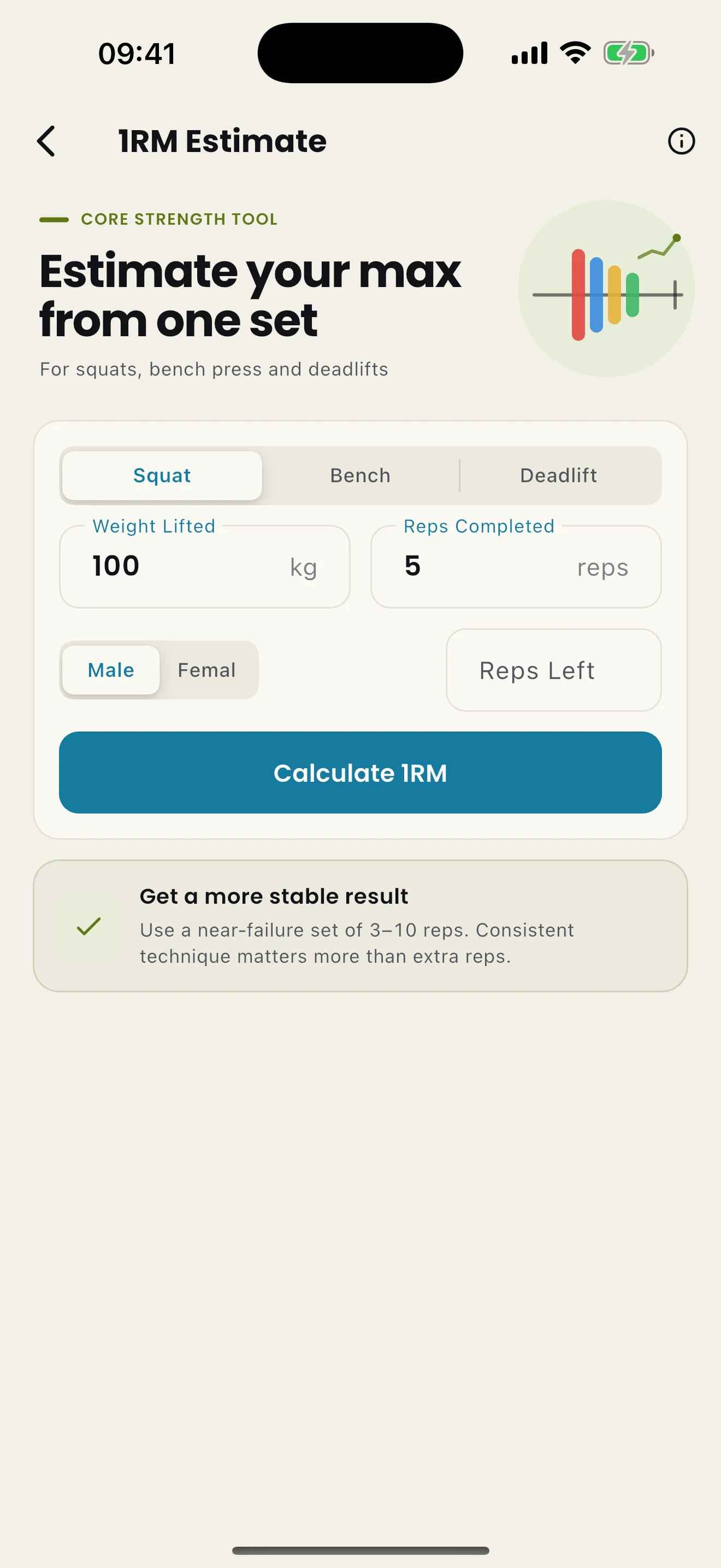 Power VBT 1RM estimation screen